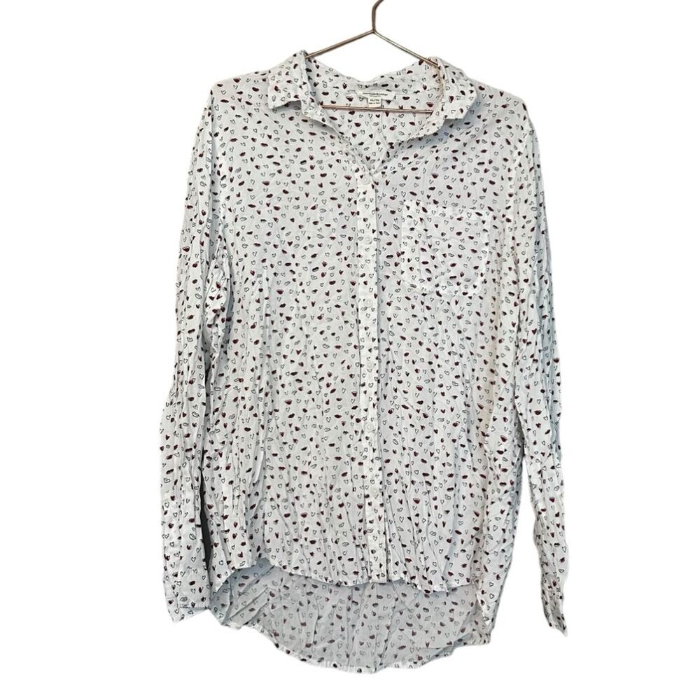 BeachLunchLounge Hearts Button Up Long Sleeve Shirt Viscose White Red